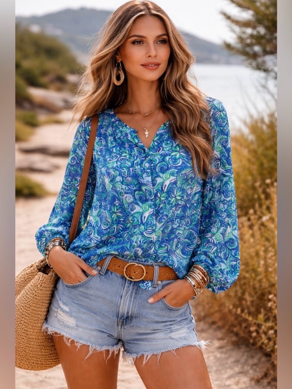 Stella Parker Blue Patterned Peasant Top 100% Cotton Top - Size XL